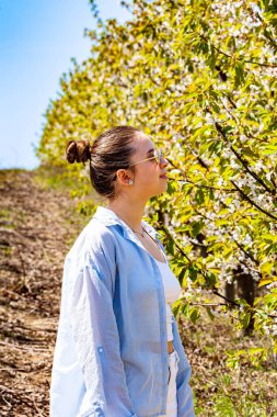 Mavi gömlekli ve gözlüklü bir bayan güçlü ve sıcak güneş yüzünden bu bahçeden çok güçlü bir kiraz çiçeği bahçesinde yürüyor.