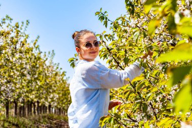 Özel ve güzel bir bayanın çok güzel bir portresi. Çiçekleri olan kiraz bahçesine ve çekici bir kokuya hayran kaldı. Parlak ve sıcak bir dönem. Doğa bize bu sahneyi sunar.