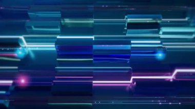 Gökdelen fütüristik şehri. Holografik neon ışıkları ve dijital şebeke arka planına sahip gelecekçi şehir manzarası. Kentsel gelişim ve akıllı şehir teknolojisi. Akıllı şehir dijital. Teknoloji geçmişi