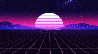 Gece gökyüzünde Ay 'ın vektör soyut neon arkaplanı, retro arkaplan, 80' ler tarzı, klasik retro tarzı