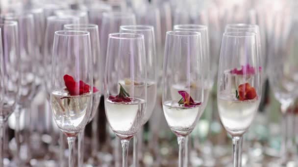 ガラスの中のシャンパンと小さなフラワーヘッドでいっぱいのクリスタルワイングラスセット シャンパンガラスの赤い花が閉じる — ストック動画