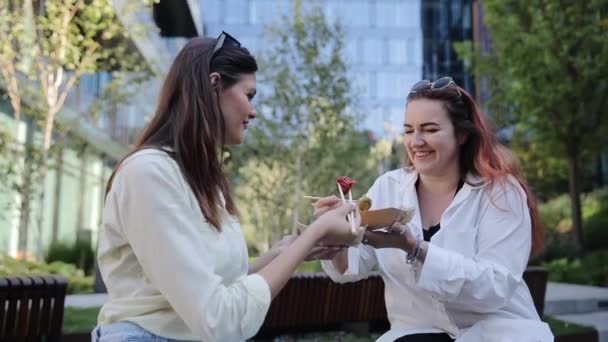Twee Vrouwen Genieten Van Hun Maaltijd Buiten Tijdens Lunchpauze Beste — Stockvideo