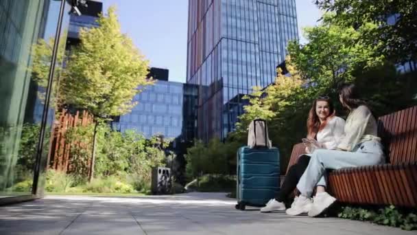 Two Female Friends Take Meeting Urban Park Talking Laughing Spending — Stock Video