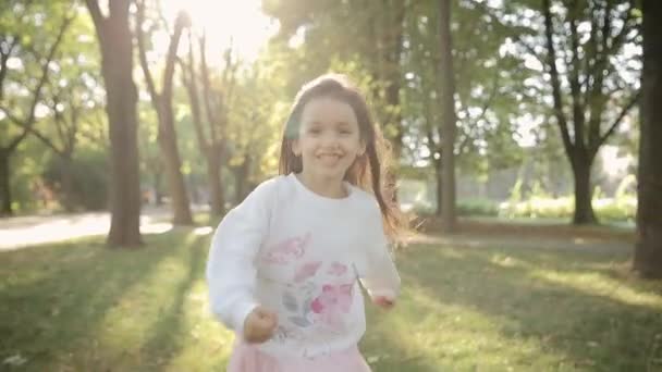 Parku Mała Dziewczynka Biega Zielonej Trawie Koncepcja Marzeń Dziecka Szczęśliwa — Wideo stockowe