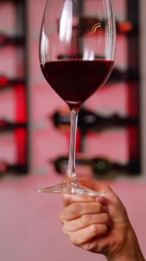 Şarap kadehinde kırmızı şarap tutan kadın elini kapat. Şarap uzmanı tatma, derecelendirme ve içme şarabı, arka planda şişeler. Dikey video