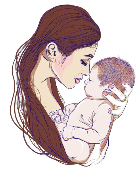 Kollarında Çocuğu Olan Bir Annenin Detaylı Portresi Şefkat Sevgi Bebekle Telifsiz Stok Vektörler