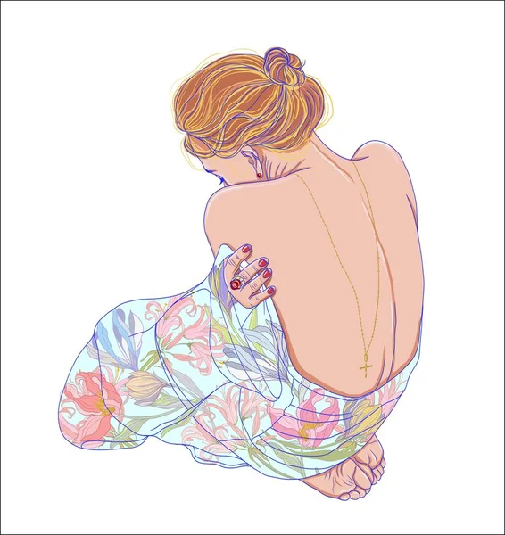 Sırtı Güzel Bir Elbiseyle Oturan Bir Kız Çiçekten Yapılmış Elbiseli Vektör Grafikler