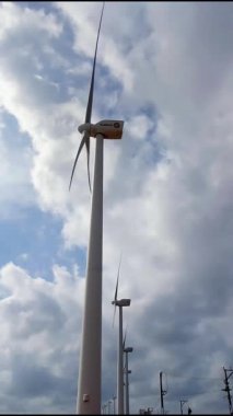 Temiz enerji görüntüsü Puttalam 'da şiddetli rüzgar türbinlerinin açık bir gökyüzünün altında yavaşça dönerek yenilenebilir enerjiye kaydığını gösteriyor.