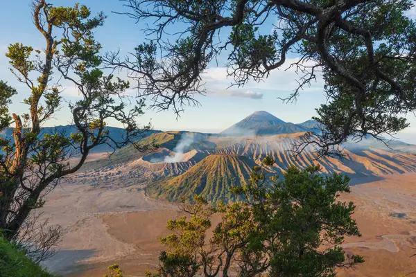 Dünyanın en ünlü simgesi olan Bromo Dağı, Doğu Java, Endonezya 'nın kuzeyindeki dağların güzel manzarası.