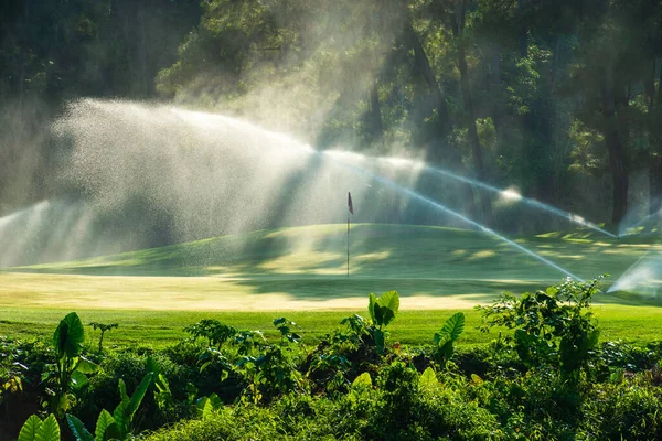 Golf sahasının ortasında güneşli bir günde golf sahası.