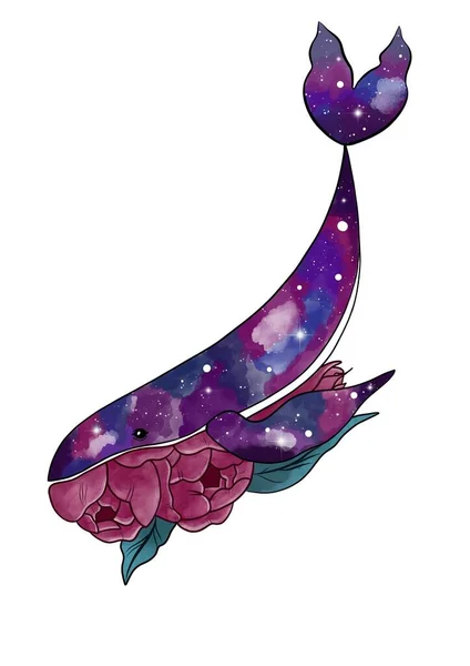Whale with flowers space art illustration