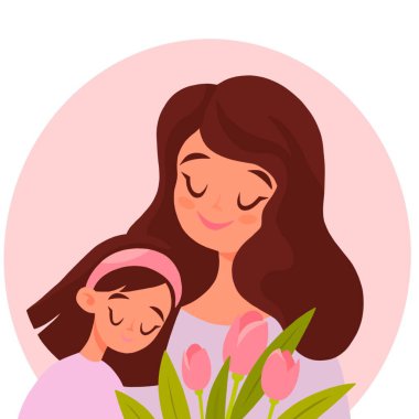 Anneler günü kartı. Mutlu anne, kızı ve çiçekleri.