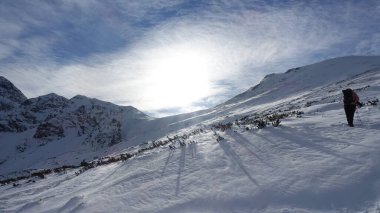 Lonely anonymous hiker on the snowy slope, Tatra Mountains, Poland, pinus mugo, dwarf mountain pine, snowy winter mountains, blue sky and clouds