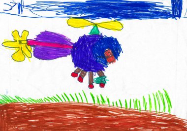 Children's colorful drawing of a flying blue helicopter made by markers