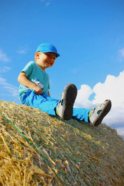 stock image Happy 3-year old Caucasian boy sitting on the top of a hay bale on a summer day with blue sky. Concept for happy carefree childhood, enjoying childhood and summer, Children's Day and harvest end.