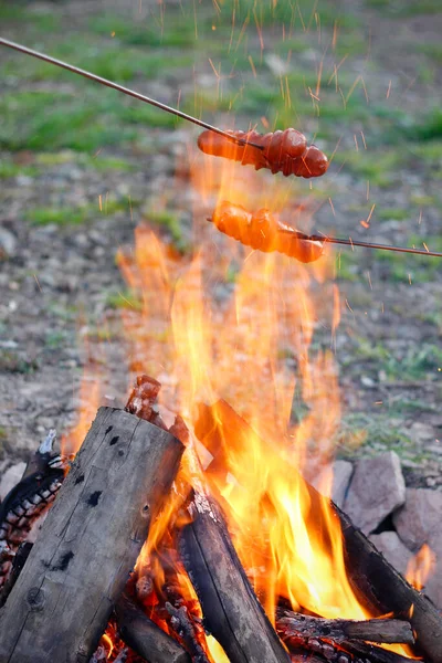 Asar Salchichas Ensartadas Una Horquilla Parrilla Sobre Una Fogata Abierta —  Fotos de Stock