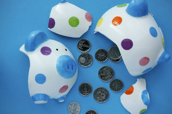 Broken Ceramic Dotted Children Piggy Bank Czech Crown Coins Light — Stock Photo, Image