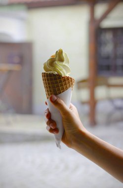 Beyaz peçeteye sarılı vanilyalı dondurma külahını tutan beyaz çocuk arka planda bulanık bahçe restoranı. Seçici odak, boşluğu kopyala