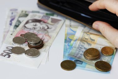 Çek tacı, Avro banknotları ve sikkeler beyaz bir masanın üzerinde duruyor ve bir kadının eli boş bir cüzdanı açıyor. Çek ve Avrupa paralarını kapatın. Çek Cumhuriyeti 'nde Euro' nun kabulü kavramı