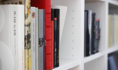 Prag, Çek Cumhuriyeti - 01 Şubat 2025: Birkaç dünya edebiyatı kitabı ve yazarları klasik dünya edebiyatı konsepti olan beyaz bir kitaplıkta sıralanmış..