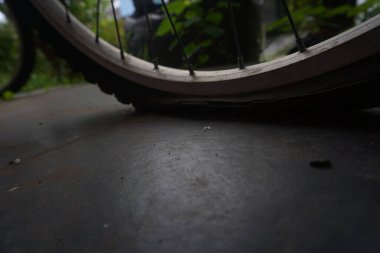 flat bicycle tire in front of the house in the morning