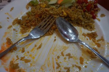 The empty dish after food. Leftover food on plate.