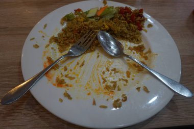 The empty dish after food. Leftover food on plate.
