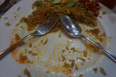 The empty dish after food. Leftover food on plate.