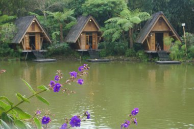 Bandung, Endonezya - Şubat 2023: Lembang, Bandung, Endonezya 'da tekneli ahşap evlerle çevrili bir göl panoraması.