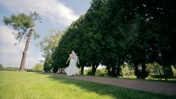 Прогулка Парке Веселых Молодоженов Невеста Танцует Время Прогулки Парке — стоковое видео