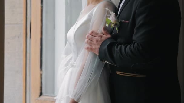 Der Bräutigam Umarmt Seine Frau Und Hält Ihre Hand Der — Stockvideo