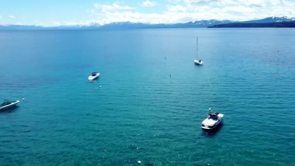 Небольшая Гавань Недалеко Берега Озера Тахо Припаркованные Моторные Лодки Яхта — стоковое видео