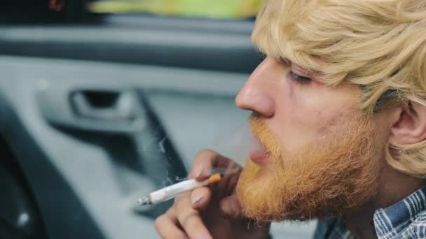 Man Beard Smokes Car Close Smoking Standing Car Inhales Releases — Vídeo de Stock