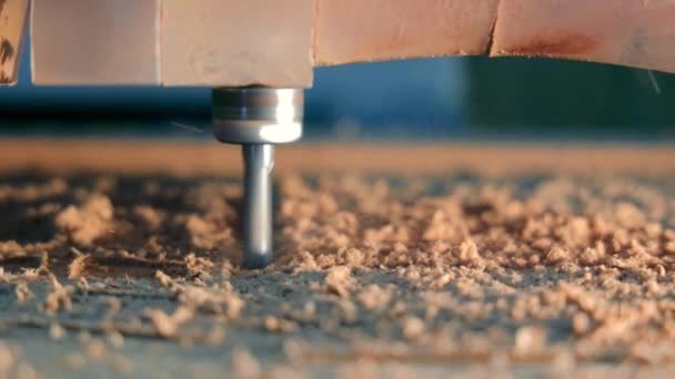Carving Wood Table Automated Cutting System Close Milling Cutter Cuts — Vídeo de Stock
