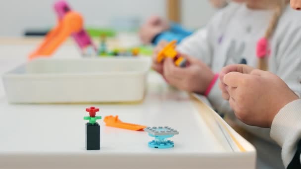 Children Play Lego Create Programmable Robots Close Robotics — стоковое видео