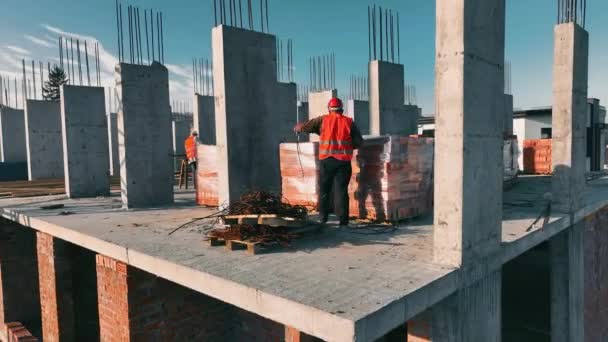 Engineers Build House Bricks Builders Working Building House — Stock Video