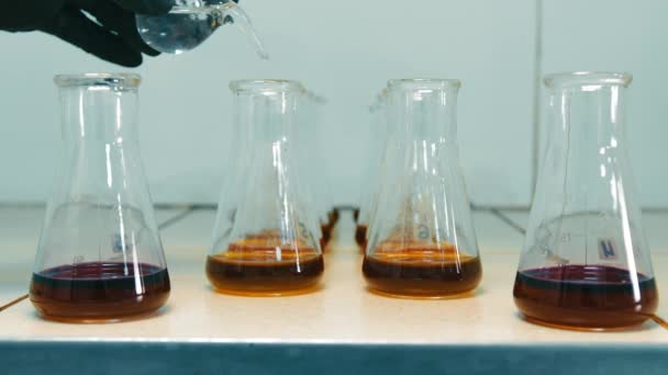 Науково Дослідна Лабораторія Хімічні Речовини Змішуються Колбах Дослідник Додає Кілька — стокове відео