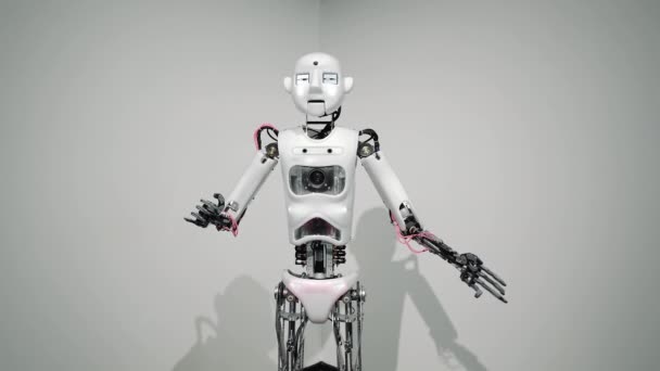 Een Humanoïde Robot Een Onderzoekslaboratorium Dat Zijn Handen Beweegt Kunstmatige — Stockvideo
