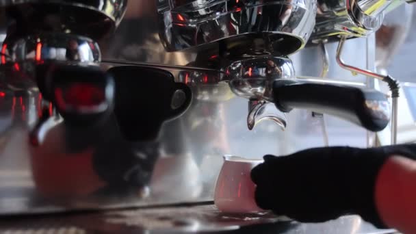 Preparation Double Coffee White Cups Close Making Espresso Cafe — Stock Video