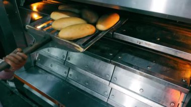 Fırıncı ekmeği fırından çıkarır. Fırında ekmek pişirmek.