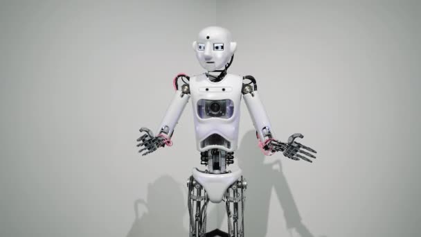 Ein Menschenähnlicher Roboter Führt Einfache Aufgaben Gemäß Einem Programm Aus — Stockvideo