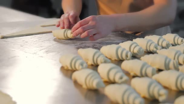 生地から満ちているラズベリーが付いている女性の手のひねりバッグのクローズアップ 女性はクッキーを作るために生地の部分をねじる手 — ストック動画