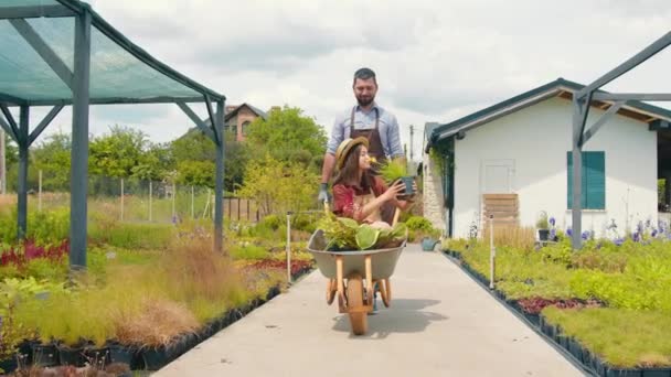 Bahçıvanlar Iyi Vakit Geçiriyor Bir Adam Elinde Çiçeklerle Bir Kadını — Stok video