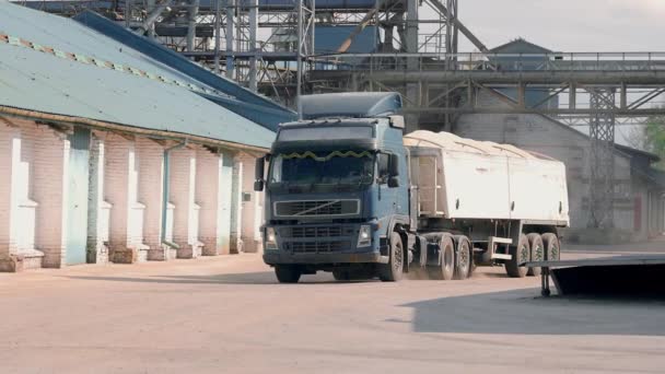 Een Vrachtwagen Met Een Aanhangwagen Vol Graan Trekt Een Graan — Stockvideo