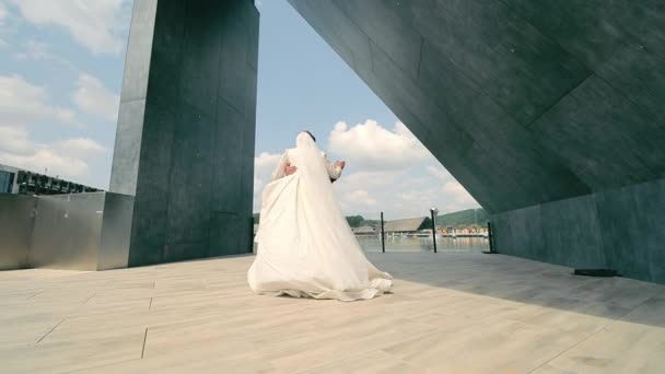 結婚式の間の花嫁と花嫁の最初のダンス 祝祭のための美しい複合体の湖の近くでロマンチックなムーブメントを実行する愛のカップル 新しい 楽しむ — ストック動画