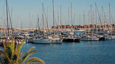 Valencia limanında yatlar. Yat kulübü ve kiralık yatlar. İspanya 'nın Valencia limanındaki park halindeki yelkenli teknelerinin akşam manzarası.
