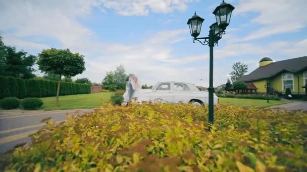 Menyasszony Vőlegény Egy Retro Autó Mellett Állnak Ölelkezve Esküvői Séta — Stock videók