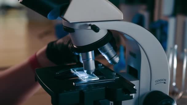 Laboratorium Nowoczesnych Badań Medycznych Asystentka Laboratoryjna Bada Mikroskop Laboratorium — Wideo stockowe
