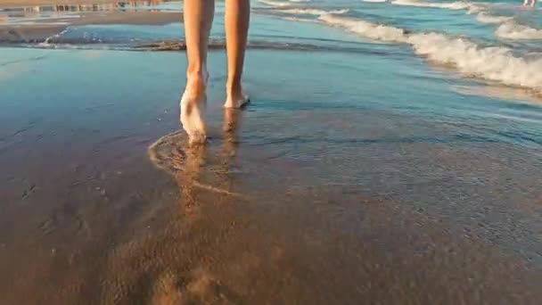 スリムな女の子の足と足が砂浜を歩いています そこに水が散りばめられ 波からの泡が女の子の足を洗います 砂浜を散策するビーチ — ストック動画
