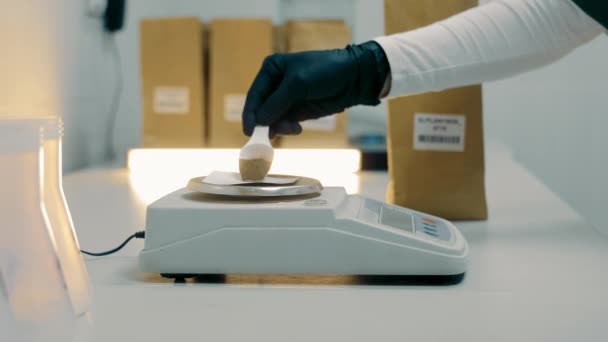 실험실 기술자는 무게를 측정하기 무스타드 분말을 규모로 밀어냅니다 실험실 클로즈업 — 비디오